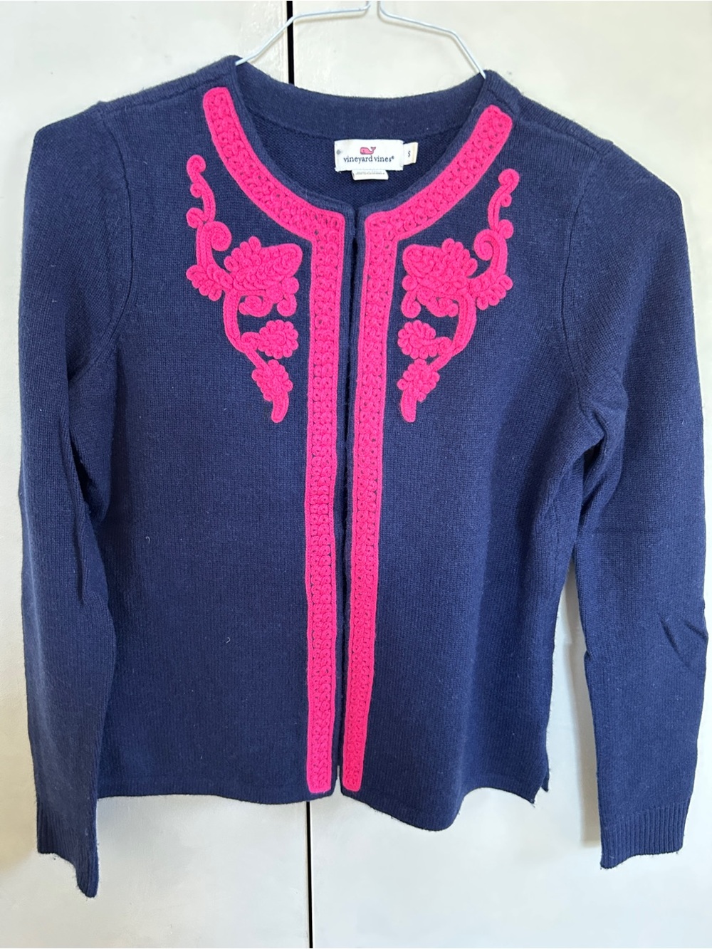 Vineyard Vines 100% Cashmere Navy Cardigan with Hot Pink Floral Crochet